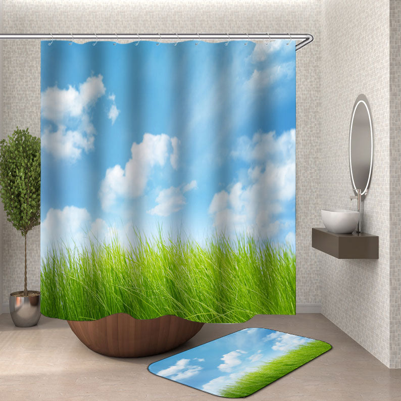 Green Grass Shower Curtain Sunny Sky Cotton Clouds above Fresh Green Grass