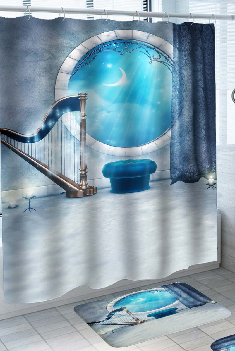 Harp by the Old Castle Window Shower Curtain