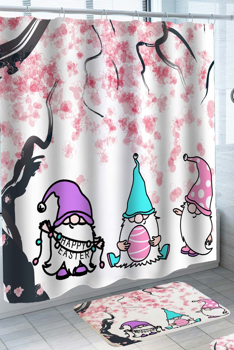 Holiday Shower Curtains Happy Easter Gnome Dwarf under Cherry Blossom