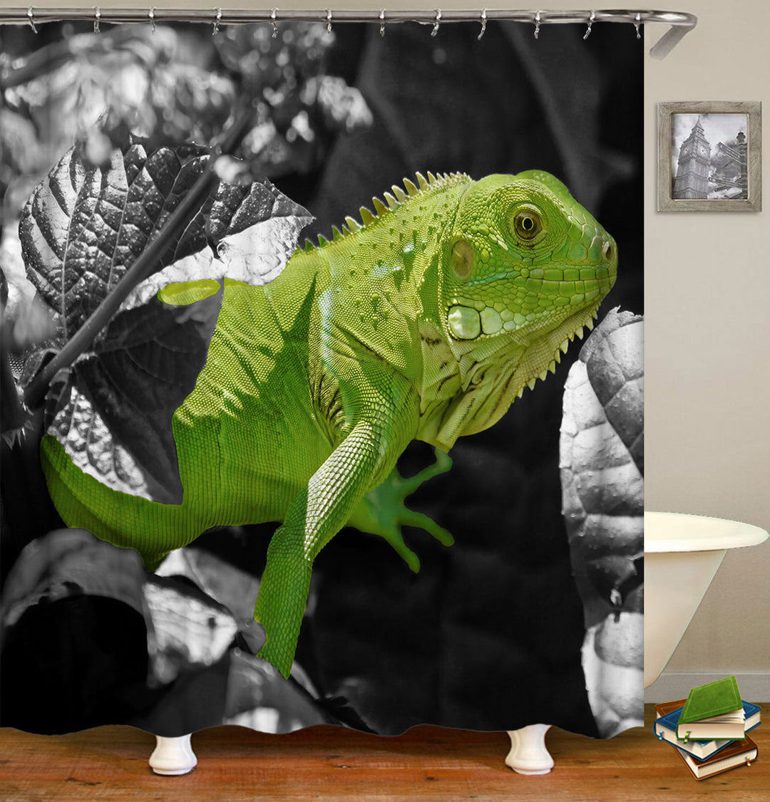 Iguana Shower Curtain Black White Photo with Green Lizard Iguana