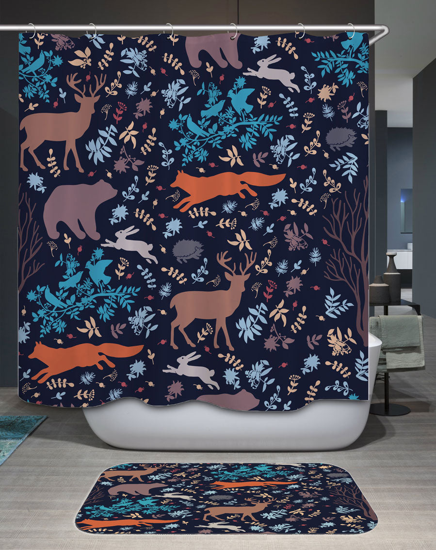 Leaves and Forest Animals Silhouettes Shower Curtain