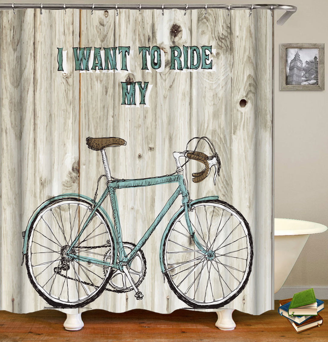 Love Cycling Quote Drawing of Bicycle Shower Curtain