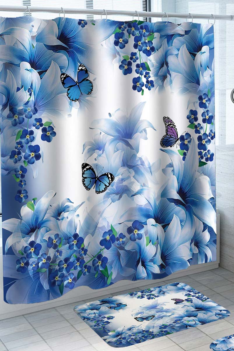 Modern Shower Curtains with Blue Violet and Lily Flowers with Butterflies