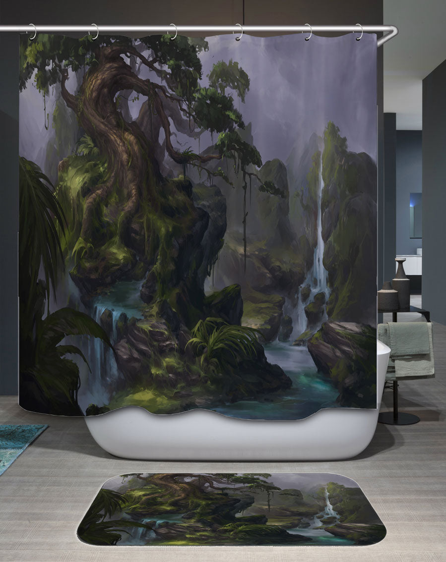 Nature Shower Curtain Painted Jungle Waterfalls and River