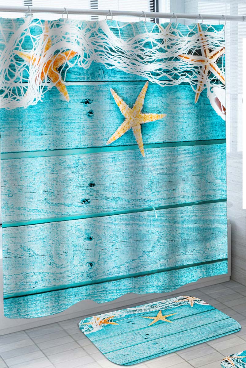 Zerofeel Sea Theme Sandy Beach Shower Curtain Set , Wooden