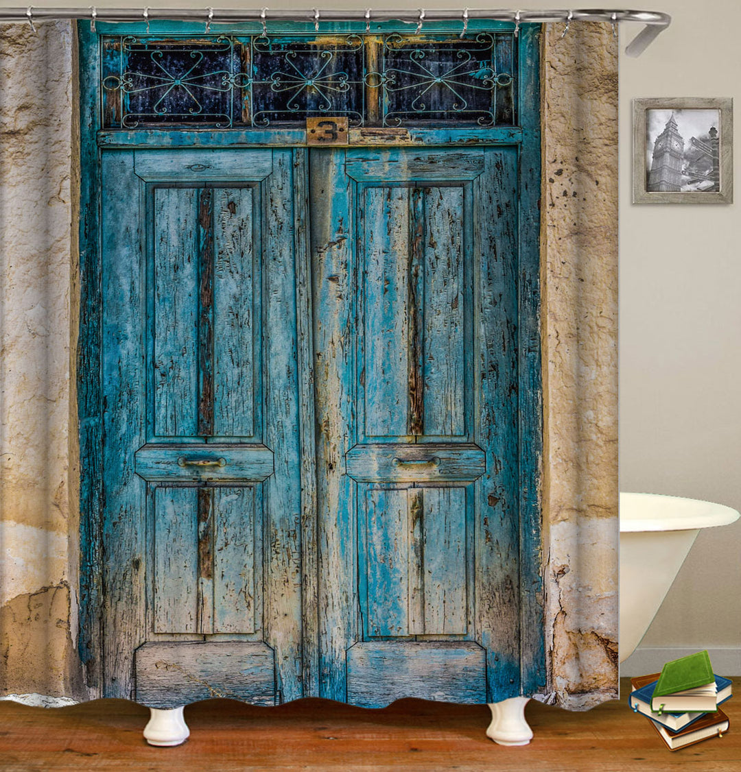 Old Blue Wood Door Rustic Shower Curtain