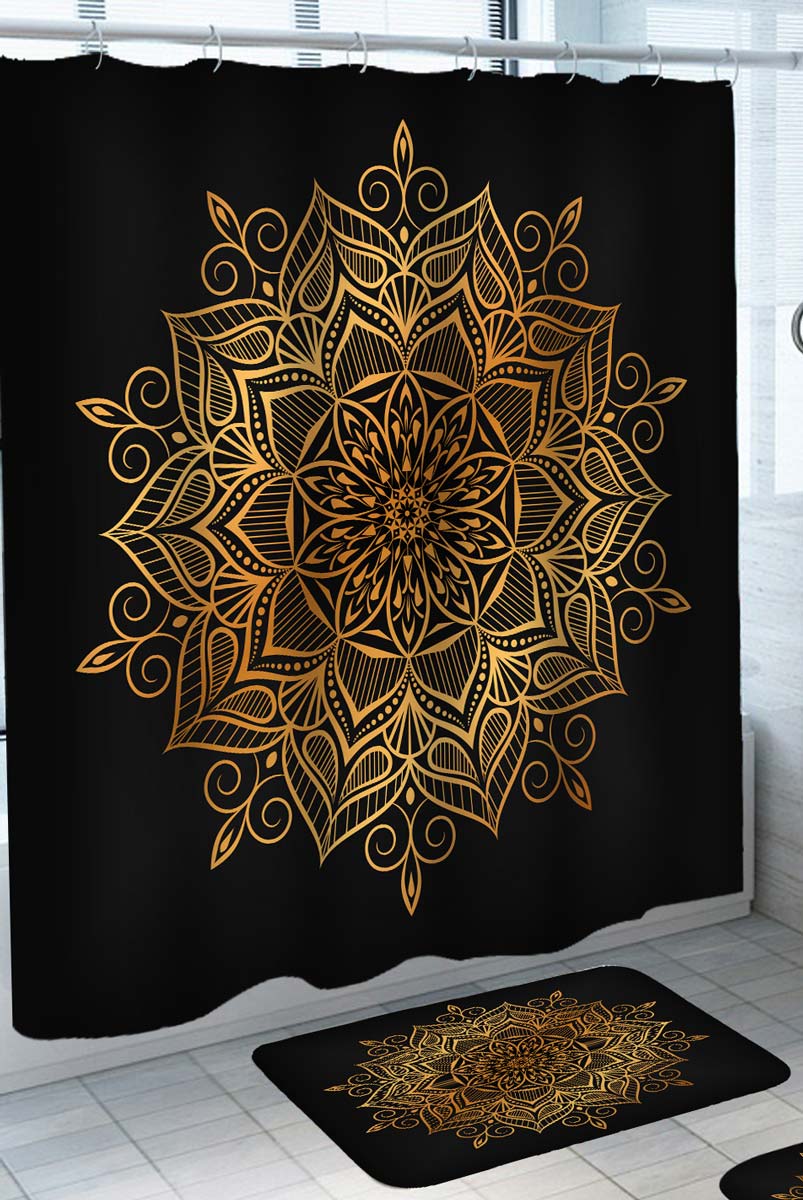 Oriental Shower Curtain Black Background Gold Mandala