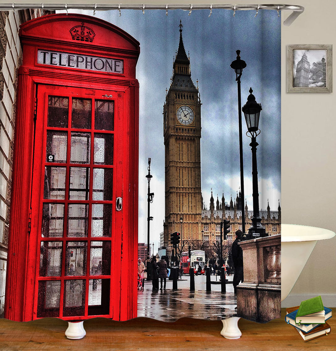 Red Telephone Booth London UK Big Ben Shower Curtain