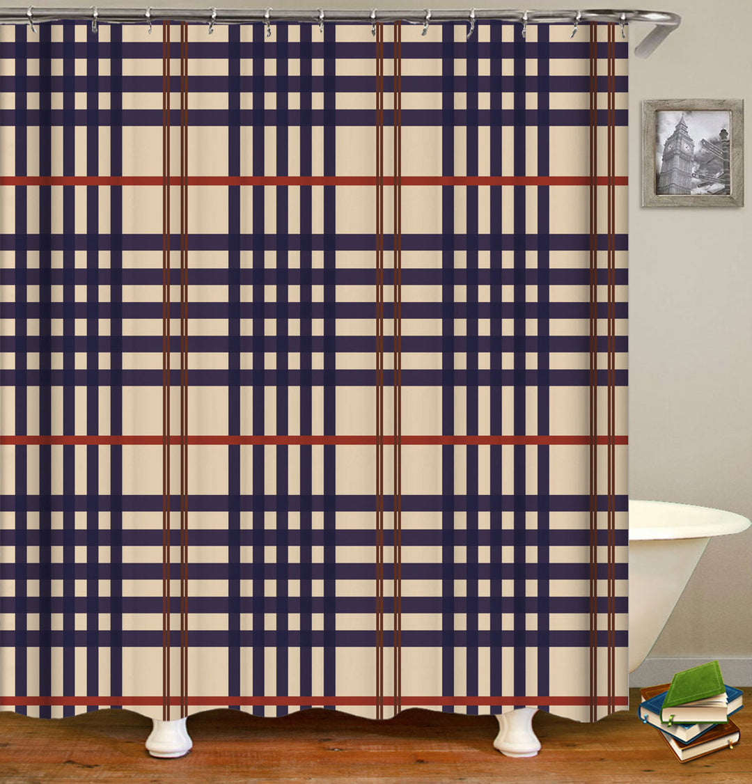 Red and Dark Blue Striped Gingham Shower Curtain