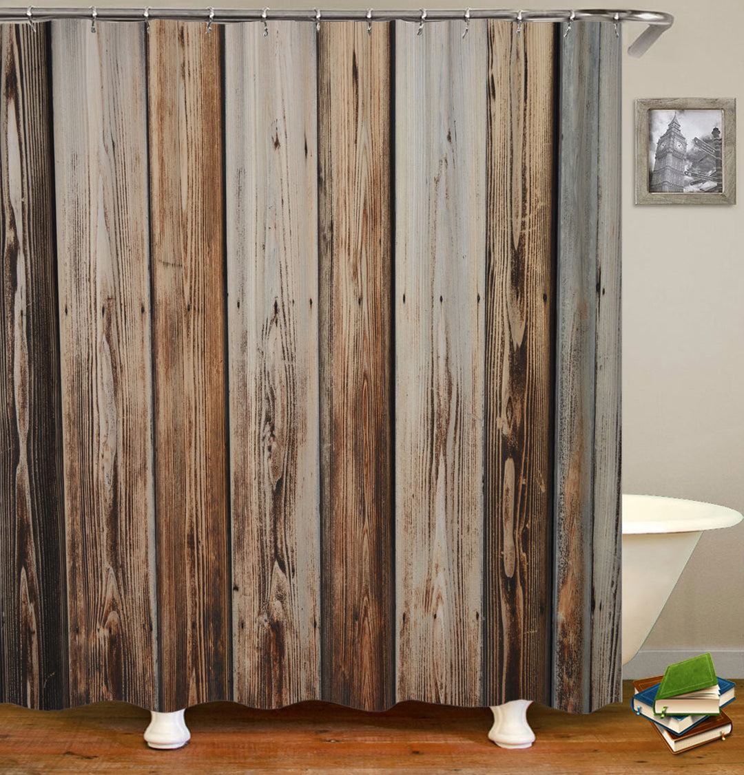 Rustic Shower Curtains with Worn Out Rustic Brown Wood Wall