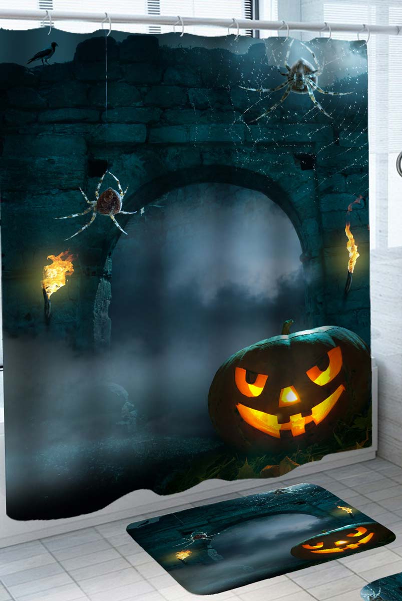 Scary Halloween Pumpkin and Spiders Shower Curtain