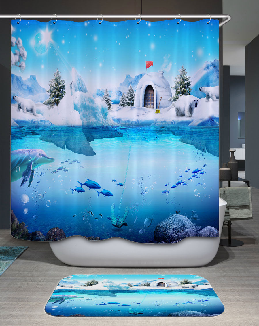 Shower Curtains and Bathroom Rug Set The North Pole Landscape and Animals