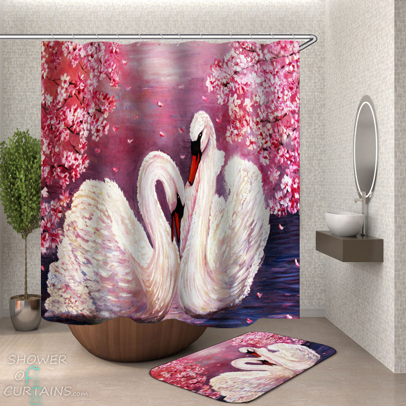 Shower Curtains with Cherry Blossom Swans – Shower of Curtains