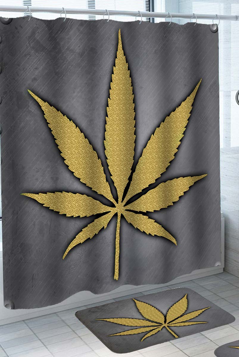 Shower Curtains with Golden Weed Leaf on Grey