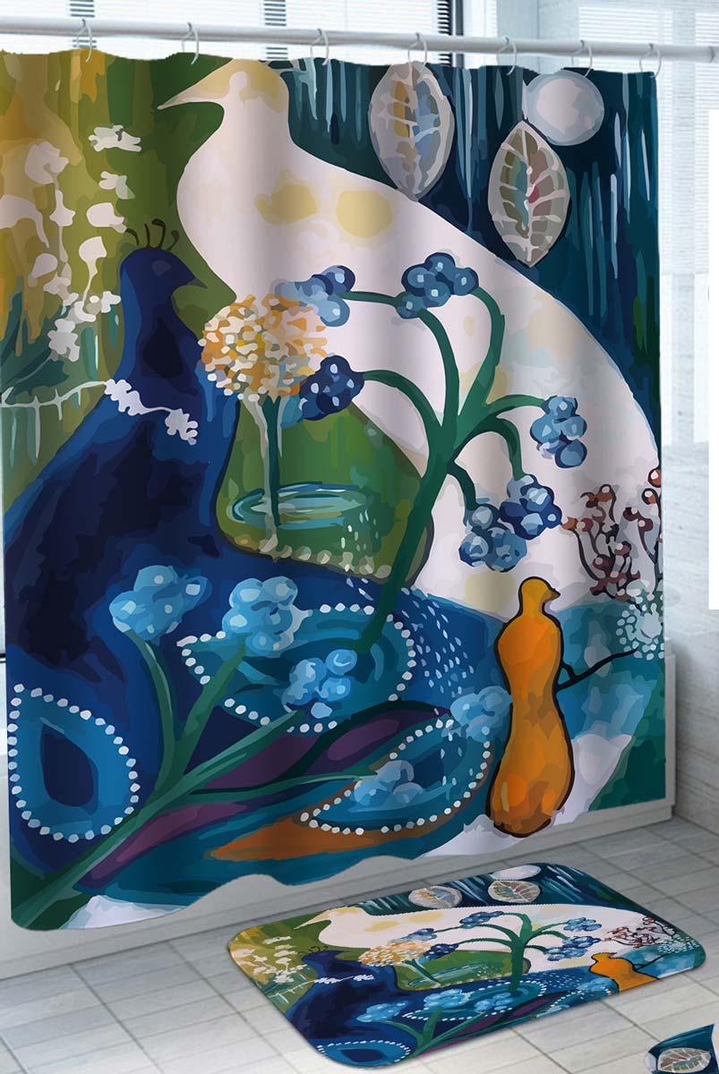 Shower Curtains with White and Blue Peacock Art Painting