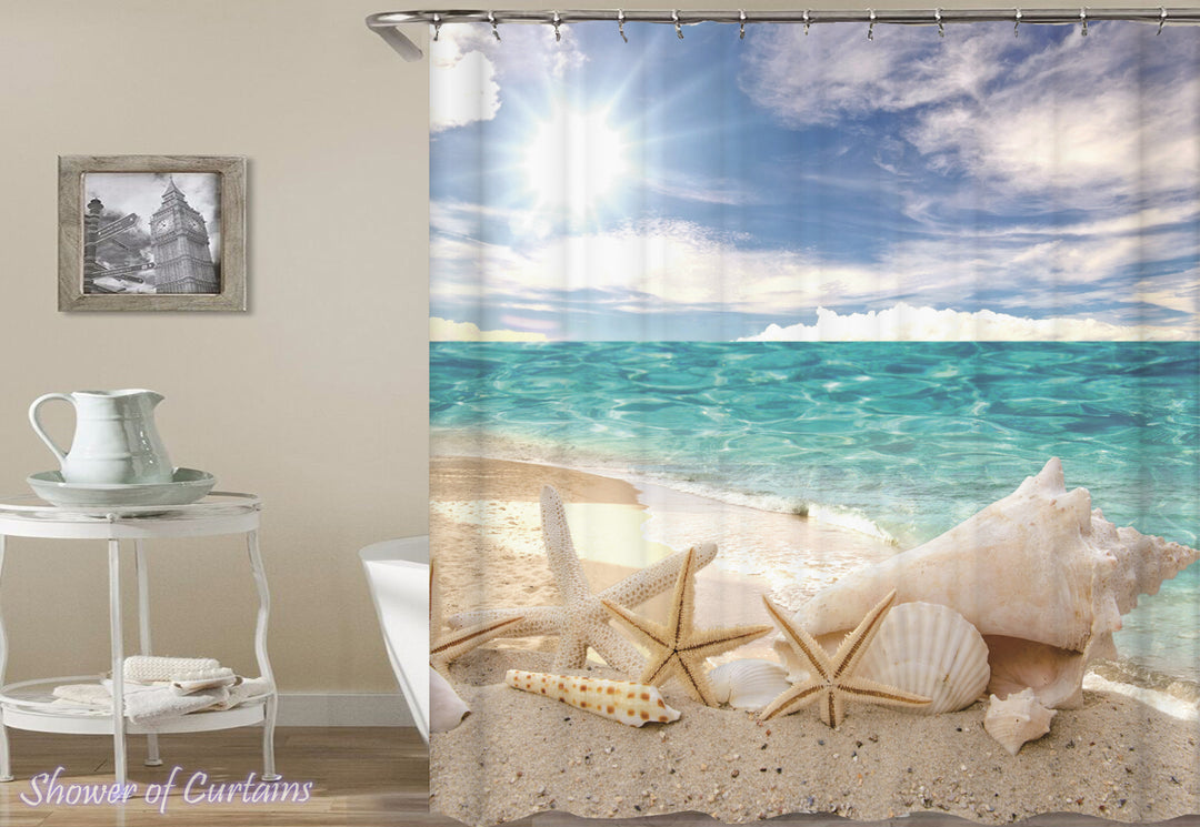 BROSHAN Nautical Seashell Decor Shower Curtain Fabric,Coastal Sea