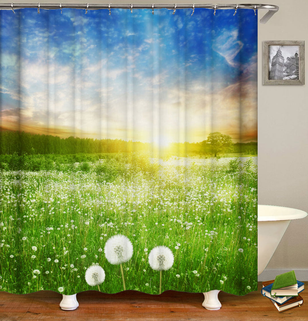 Sunset Shower Curtains with Groundsel Dandelion Field