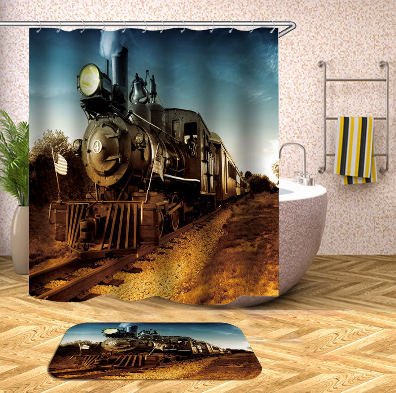 Train Shower Curtains Old Style Steam locomotive and Passenger Train