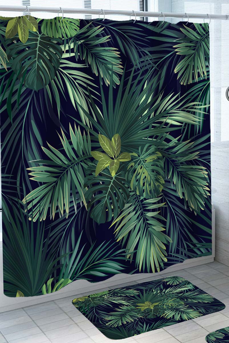 Tropical Rain Forest Jungle Green Leaves Fabric Shower Curtain Set Hooks  72x72