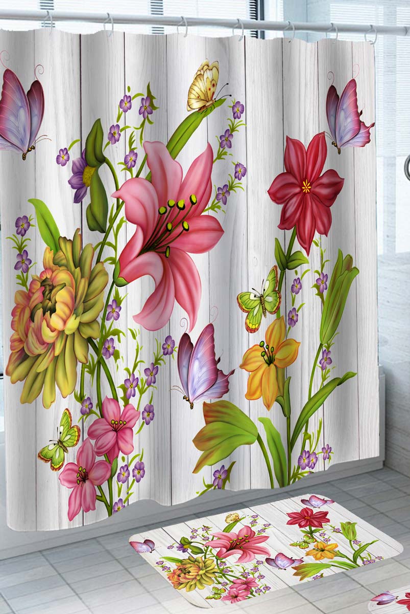 Tropical Shower Curtains with Flowers and Butterflies on Wooden Board