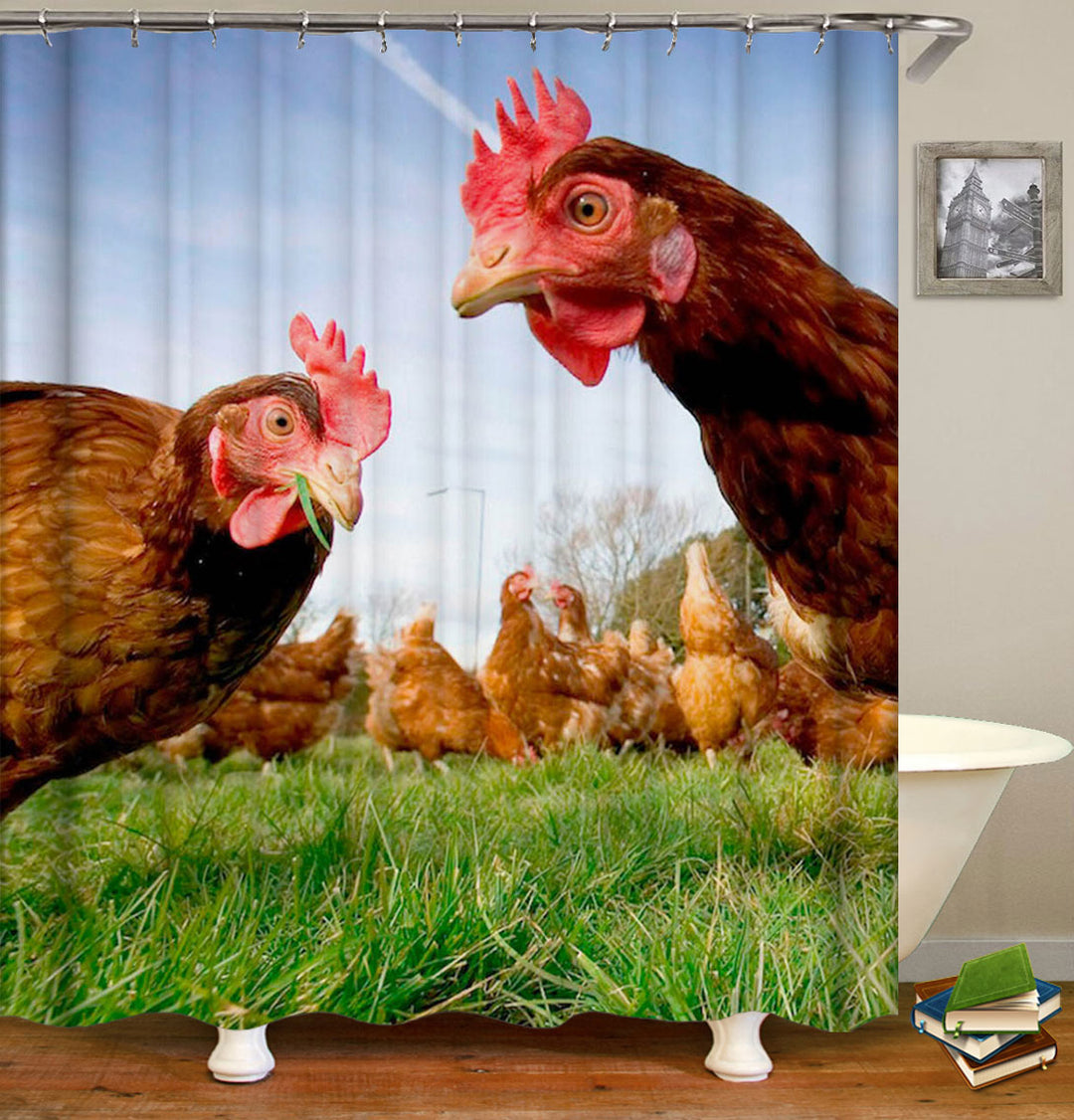 Two Roosters Guarding the Chickens Shower Curtain