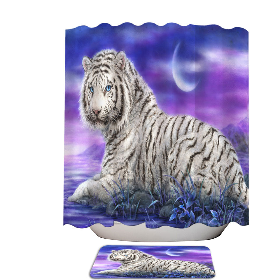 Wild Animal Bathroom Shower Curtains and Rugs Paintings White Tiger Purplish Lake