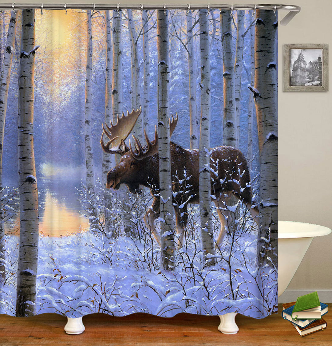 Wild Animals Shower Curtain with Moose in Snowy Forest